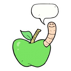 cartoon apple with worm speech bubble N56