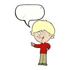 cartoon boy laughing and pointing with speech bubble N12