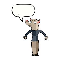 cartoon friendly werewolf woman with speech bubble N8