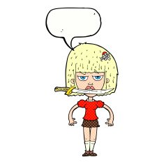 cartoon woman with knife between teeth speech bubble N43
