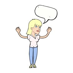 cartoon woman throwing hands in air with speech bubble N12