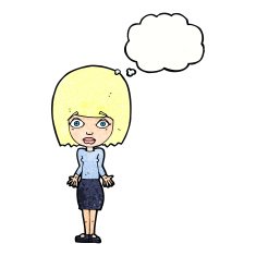 cartoon woman shrugging shoulders with thought bubble N506