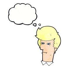 cartoon man narrowing eyes with thought bubble N40