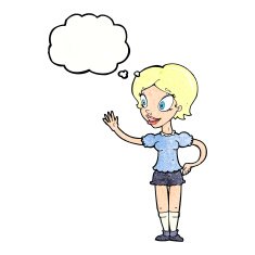cartoon waving woman with thought bubble N155
