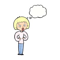 cartoon woman gesturing at self with thought bubble N30
