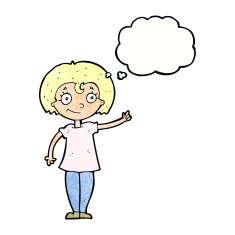 cartoon happy woman pointing with thought bubble N71