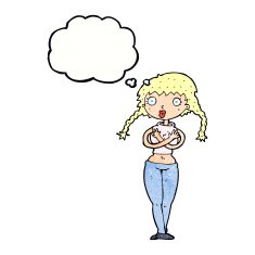 cartoon offended woman covering herself with thought bubble N11