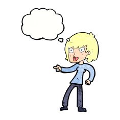 cartoon woman pointing with thought bubble N222