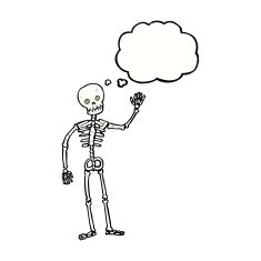 cartoon waving skeleton with thought bubble N11