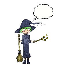 cartoon witch casting spell with thought bubble N21