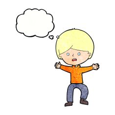 cartoon boy panicking with thought bubble N27