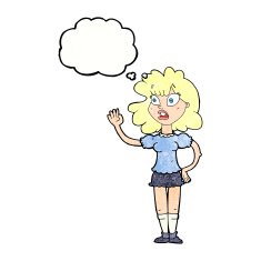 cartoon worried woman waving with thought bubble N19