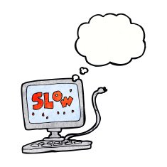 cartoon slow computer with thought bubble N2