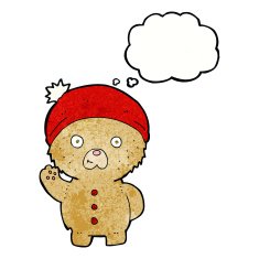 cartoon waving teddy bear in winter hat with thought bubble N3