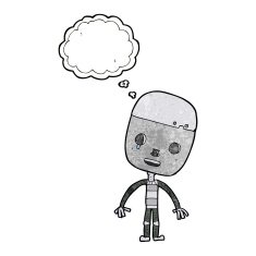 cartoon sad robot with thought bubble N11