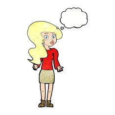 cartoon woman shrugging shoulders with thought bubble N507
