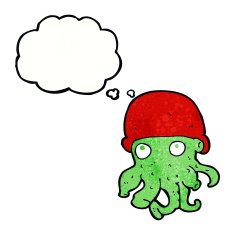 cartoon alien head wearing hat with thought bubble N11