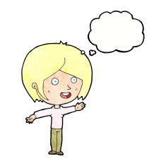 cartoon happy girl waving with thought bubble N11