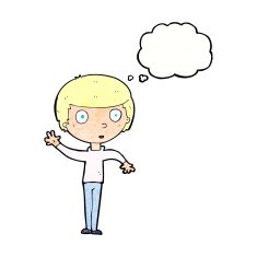 cartoon waving boy with thought bubble N20