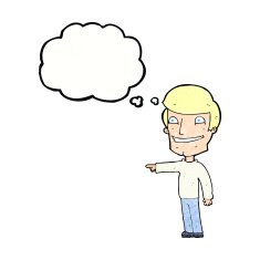 cartoon happy man pointing with thought bubble N62