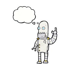 cartoon waving robot with thought bubble N24