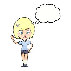 cartoon pretty girl waving with thought bubble N27