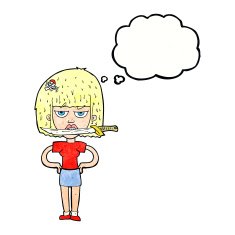 cartoon woman with knife between teeth thought bubble N39