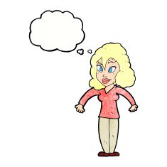 cartoon woman shrugging shoulders with thought bubble N510