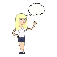 cartoon pretty woman waving with thought bubble N92