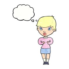 cartoon woman gesturing at self with thought bubble N31