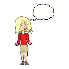 cartoon woman shrugging shoulders with thought bubble N511