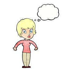 cartoon woman shrugging shoulders with thought bubble N512
