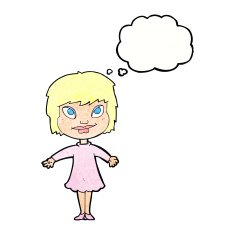 cartoon girl shrugging shoulders with thought bubble N31