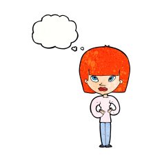 cartoon woman gesturing at herself with thought bubble N11