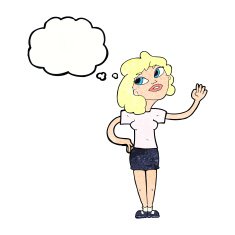 cartoon woman waving with thought bubble N345
