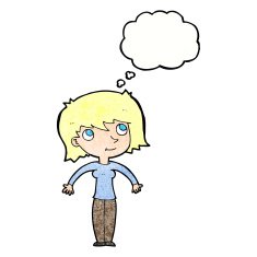 cartoon woman shrugging with thought bubble N59