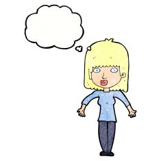 cartoon woman shrugging with thought bubble N60