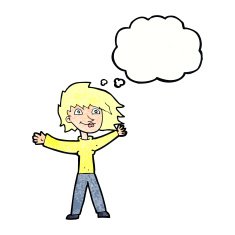 cartoon excited woman waving with thought bubble N11