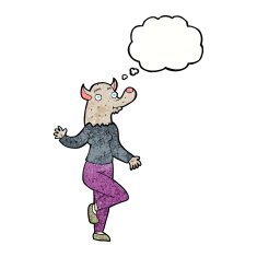 cartoon dancing werewolf woman with thought bubble N7