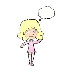 cartoon friendly woman waving with thought bubble N50