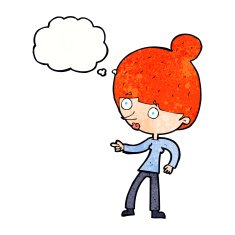 cartoon woman pointing with thought bubble N226