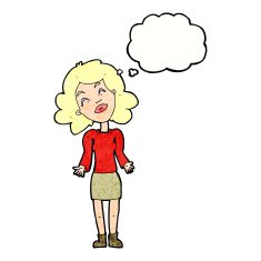 cartoon woman shrugging shoulders with thought bubble N513