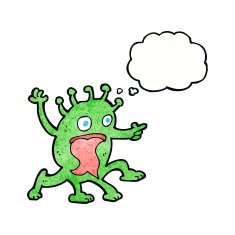 cartoon weird little alien with thought bubble N22