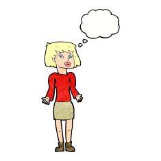 cartoon woman shrugging shoulders with thought bubble N514