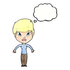 cartoon woman shrugging shoulders with thought bubble N515