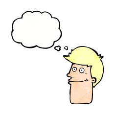 cartoon smiling man with thought bubble N30