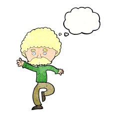 cartoon mustache man disco dancing with thought bubble N11