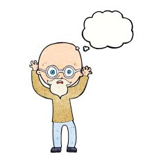 cartoon stressed bald man with thought bubble N11