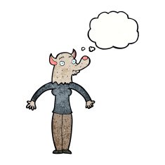 cartoon friendly werewolf woman with thought bubble N7