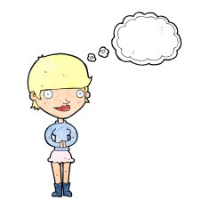 cartoon friendly woman with thought bubble N70